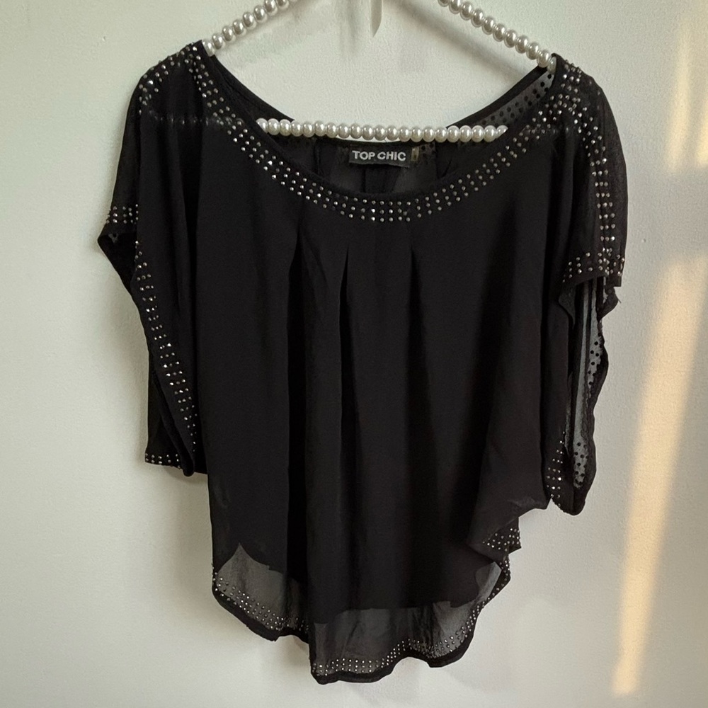 Black sheer top with rhinestone detailing